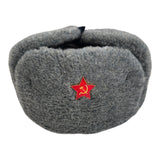 Soviet-Style Ushanka Trapper Hat – Grey Faux Fur Red Army Star Badge
