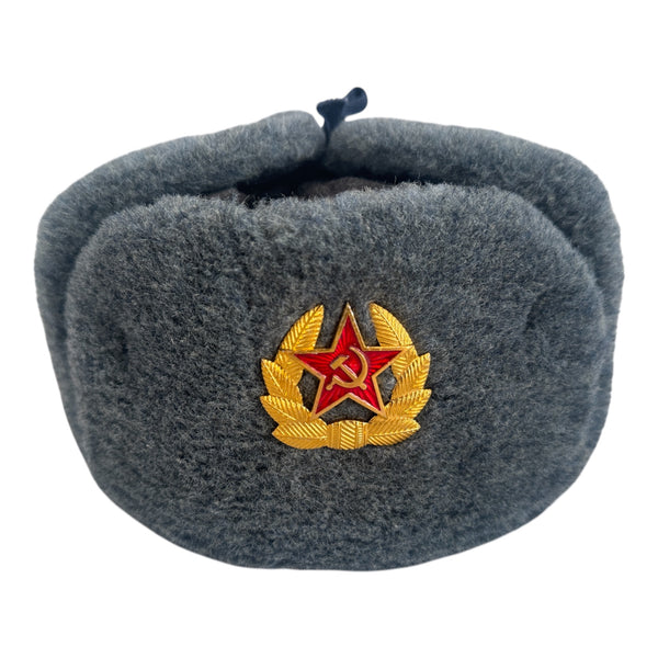 Authentische Uschanka-Wintermütze der sowjetischen russischen Armee mit Soldatenabzeichen