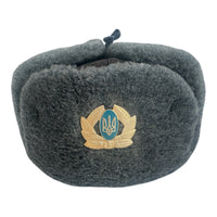 Soviet-Style Ushanka Trapper Hat – Grey Faux Fur Vintage Ukrainian Badge