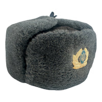 Soviet-Style Ushanka Trapper Hat – Grey Faux Fur Vintage Ukrainian Badge