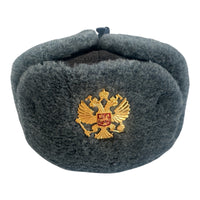 Soviet-Style Ushanka Trapper Hat – Grey Faux Fur Russian Eagle Badge