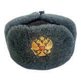 Soviet-Style Ushanka Trapper Hat – Grey Faux Fur Russian Eagle Badge