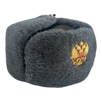 Soviet-Style Ushanka Trapper Hat – Grey Faux Fur Russian Eagle Badge