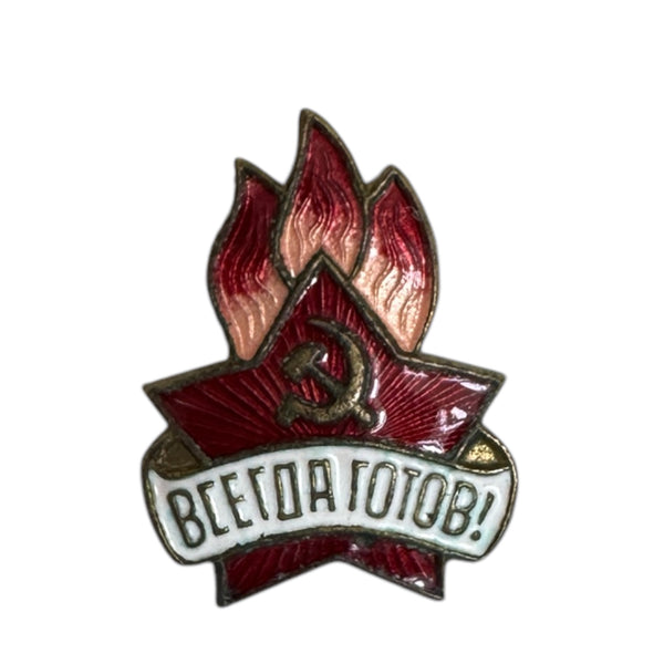 Vintage Soviet Pioneer Pin Badge “Always Ready!” Brass and Enamel 1950s
