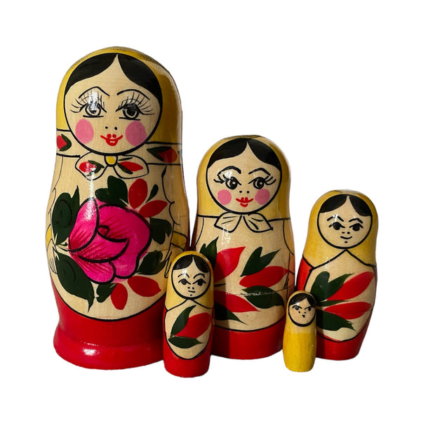 Wooden Russian Nesting Matryoshka 5 Dolls Set Hand Painted Yellow Top