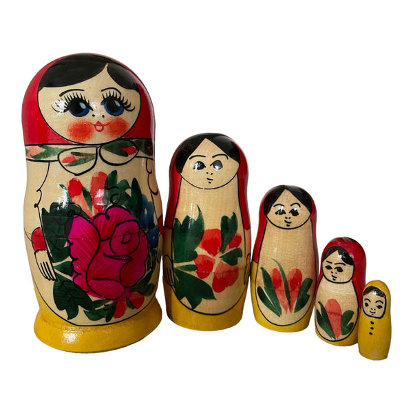 Wooden Russian Nesting Matryoshka 5 Dolls Set Hand Painted Red Top