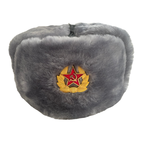 Grey Ash Faux Fur Russian Style Ushanka Winter Hat Soviet Soldier Badge