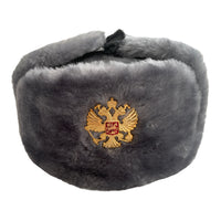 Grey Ash Faux Fur Soviet Style Ushanka Winter Hat Russian Eagle Badge