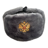 Grey Ash Faux Fur Soviet Style Ushanka Winter Hat Russian Eagle Badge