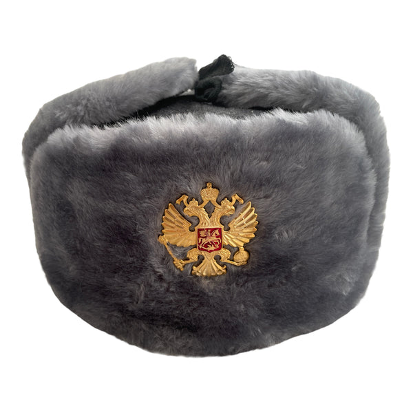 Grey Ash Faux Fur Soviet Style Ushanka Winter Hat Russian Eagle Badge