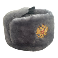 Grey Ash Faux Fur Soviet Style Ushanka Winter Hat Russian Eagle Badge