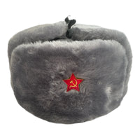Gray Ash Faux Fur Russian Ushanka Winter Hat Soviet Red Star Badge