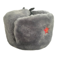 Gray Ash Faux Fur Russian Ushanka Winter Hat Soviet Red Star Badge