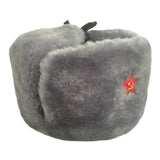 Gray Ash Faux Fur Russian Ushanka Winter Hat Soviet Red Star Badge