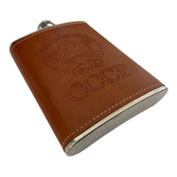 Retro Gift – 8 oz Stainless Steel Flask Brown Leatherette Embossed Soviet Union Emblem Vintage CCCP