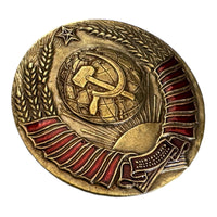 USSR Coat of Arms Emblem Large Russian Brass Enamel Heavy Badge Screw Back