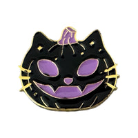 Black Cat Pumpkin Enamel Pin – Spooky Halloween Accessory with Purple Eyes