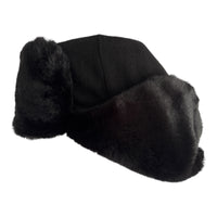 Black Faux Fur Military Style Winter Ushanka Hat Soviet Soldier Badge