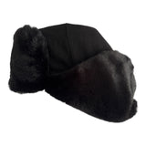 Black Faux Fur Military Style Winter Ushanka Hat Soviet Soldier Badge