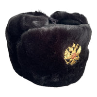 Black Faux Fur Military Style Winter Ushanka Hat Russian Eagle Badge