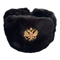 Black Faux Fur Military Style Winter Ushanka Hat Russian Eagle Badge