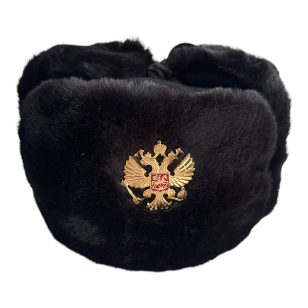 Black Faux Fur Military Style Winter Ushanka Hat Russian Eagle Badge