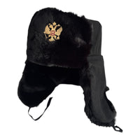 Black Faux Fur Military Style Winter Ushanka Hat Russian Eagle Badge