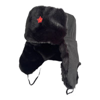 Black Faux Fur Military Style Winter Ushanka Hat Soviet Red Star Badge
