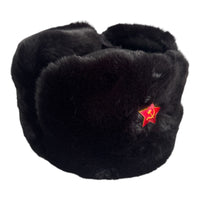 Black Faux Fur Military Style Winter Ushanka Hat Soviet Red Star Badge