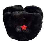 Black Faux Fur Military Style Winter Ushanka Hat Soviet Red Star Badge