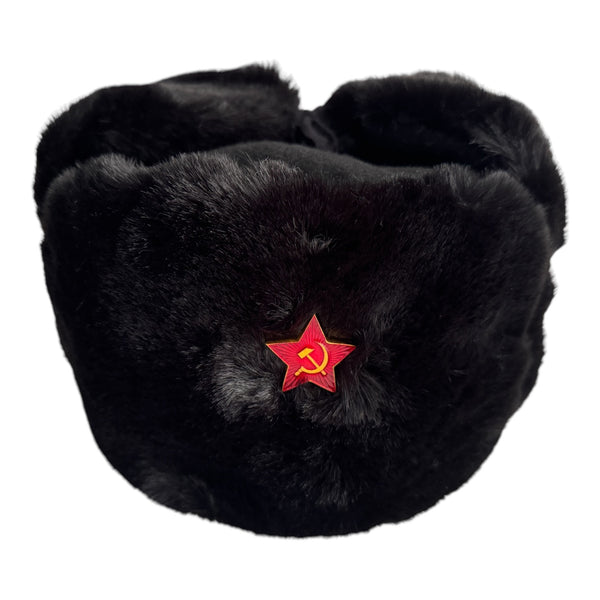 Black Faux Fur Military Style Winter Ushanka Hat Soviet Red Star Badge