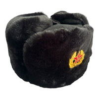 Black Faux Fur Military Style Winter Ushanka Hat Soviet Soldier Badge