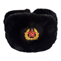 Black Faux Fur Military Style Winter Ushanka Hat Soviet Soldier Badge