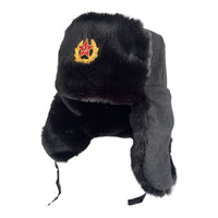 Black Faux Fur Military Style Winter Ushanka Hat Soviet Soldier Badge