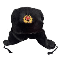 Black Faux Fur Military Style Winter Ushanka Hat Soviet Soldier Badge