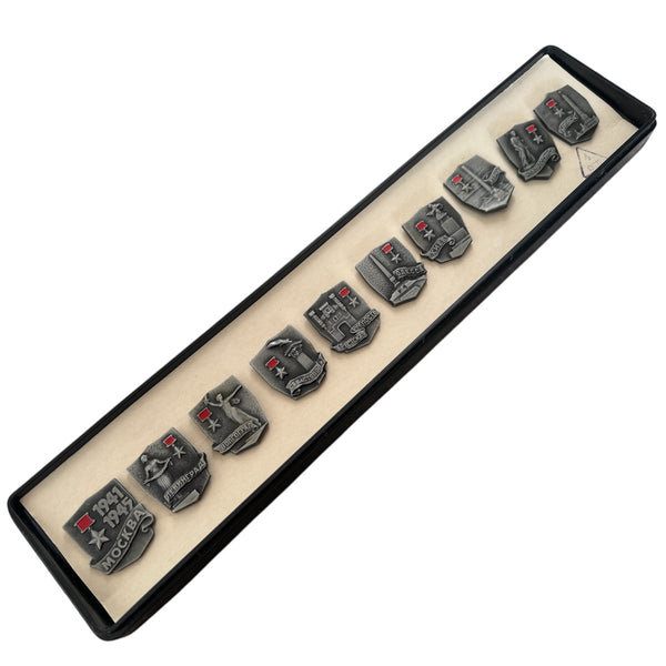 Soviet Hero Cities of WW2 Set of 10 Metal Badges Original Box USSR