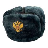 Soviet Army Style Blue Grey Winter Ushanka Hat Russian Eagle Badge