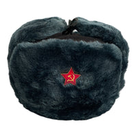 Soviet Russian Army Style Blue Grey Ushanka Winter Hat Red Star Badge