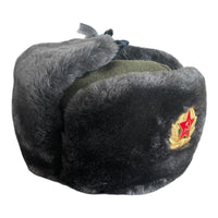 USSR Russian Military Style Grey Faux Fur Winter Ushanka Hat Soviet Army Badge