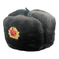 USSR Russian Military Style Grey Faux Fur Winter Ushanka Hat Soviet Army Badge