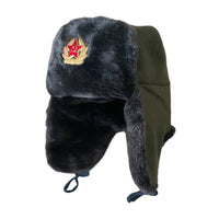 USSR Russian Military Style Grey Faux Fur Winter Ushanka Hat Soviet Army Badge